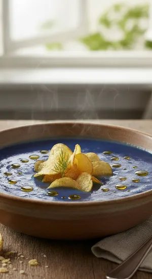 Halloween-Rezept: Blaue Kartoffelsuppe mit Dill und Kartoffelchips